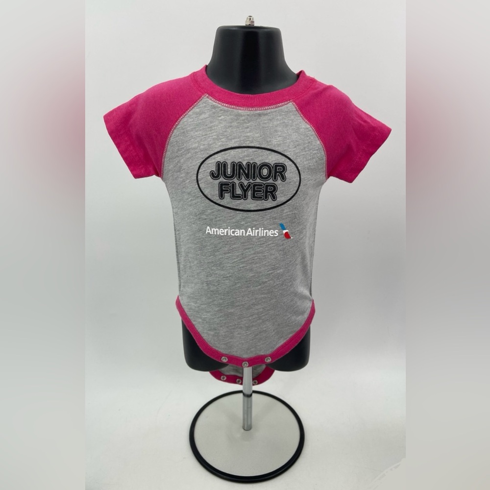 American Airlines AA “Junior Flyer” Baby One Piece Body Suit 12 Months Pink Grey